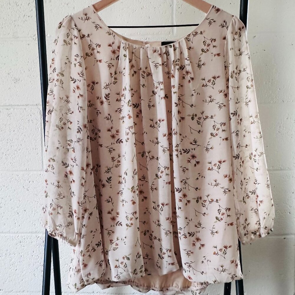 Zenobia Floral Blouse Size 3X Sheer 3/4 Sleeve Pleated Neck Top